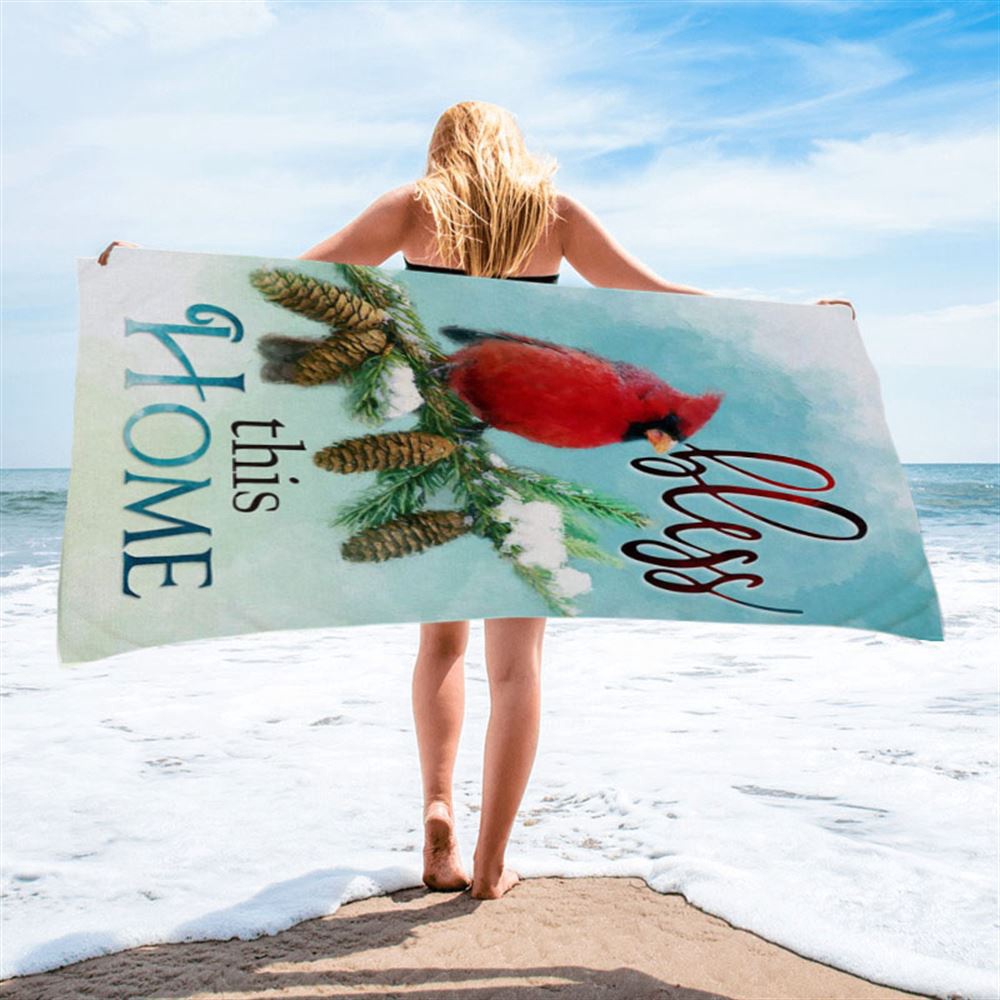 Cardinals Bird Bless This Home Christian Beach Towel, Christian Beach Towel, Summer Towels