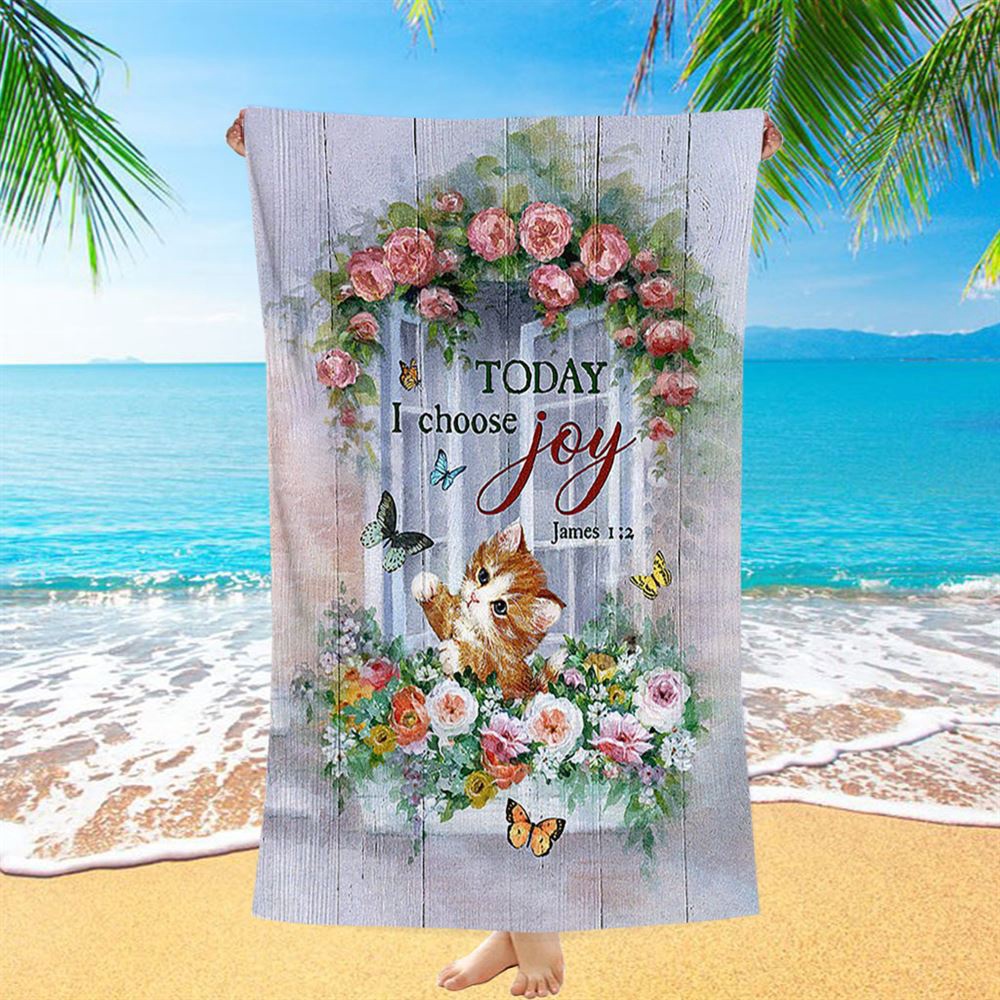 Cat Butterflies Today I Choose Joy Beach Towel, Christian Beach Towel, Summer Towels