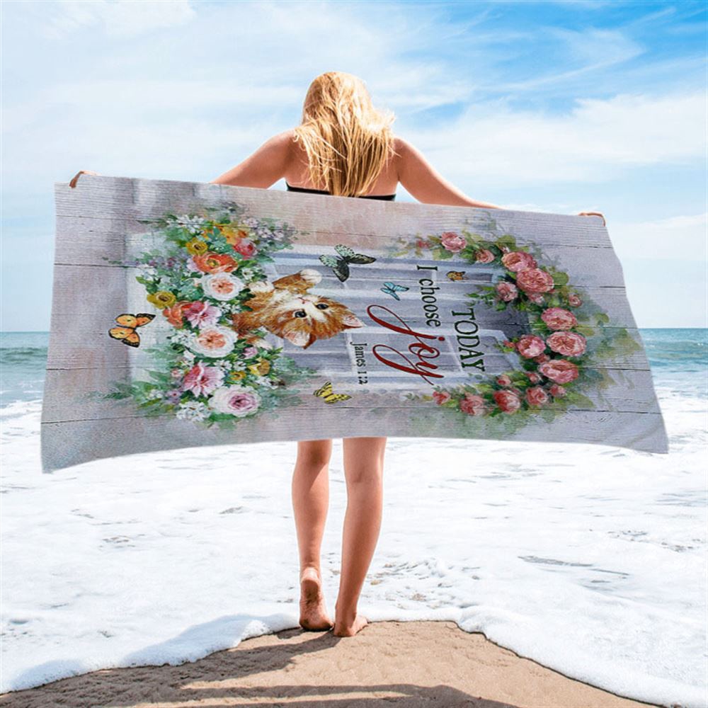 Cat Butterflies Today I Choose Joy Beach Towel, Christian Beach Towel, Summer Towels