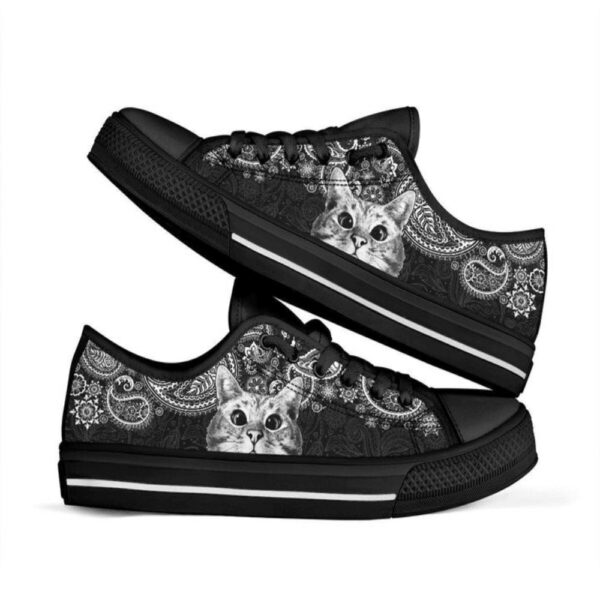 Cat Paisley Black White Low Top Shoes, Stylish Footwear, Low Top Sneakers, Low Top Designer Shoes