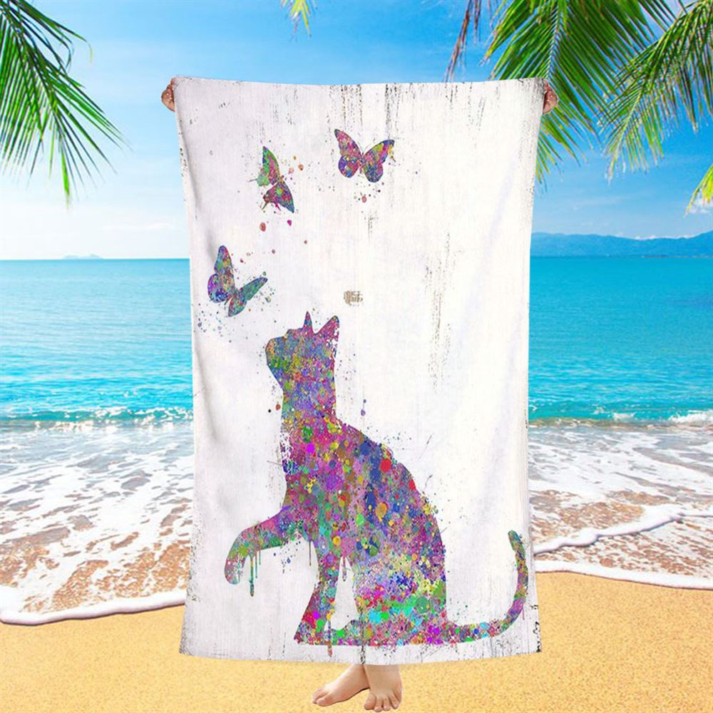 Cat With Butterflies Beach Towel, Christian Beach Towel, Summer Towels Cat With Butterflies Beach Towel, Christian Beach Towel, Summer Towels