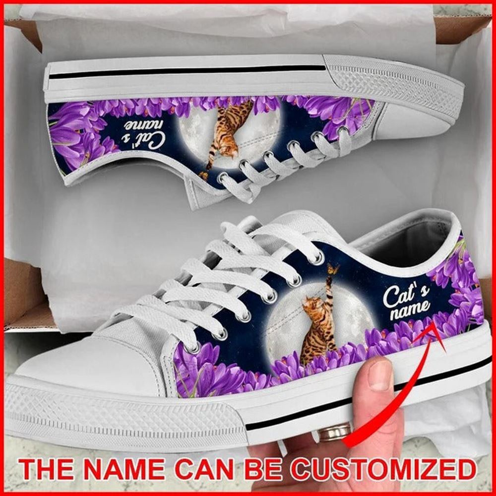 Cat’s Name Cat Purple Flower Personalized Canvas Low Top Shoes, Low Top Sneakers, Low Top Designer Shoes