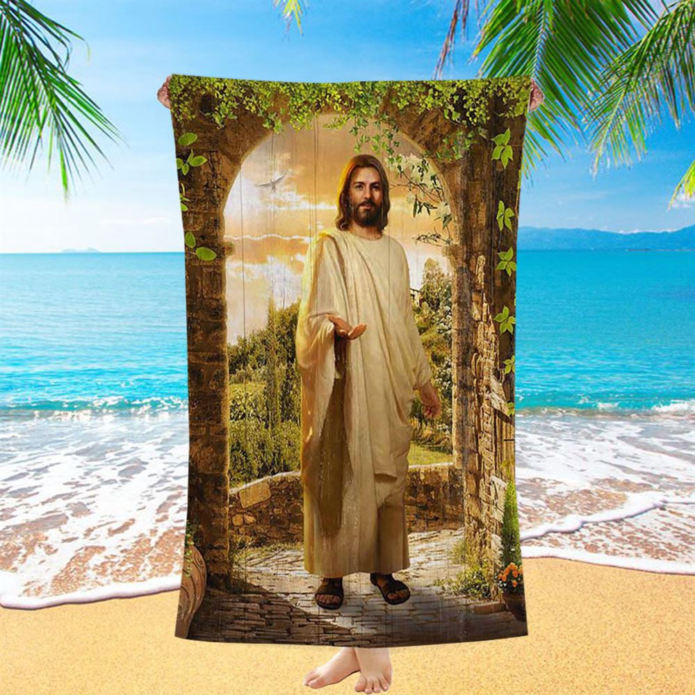 Cave Green Forest Walking With Jesus Beach Towel, Christian Beach Towel, Summer Towels