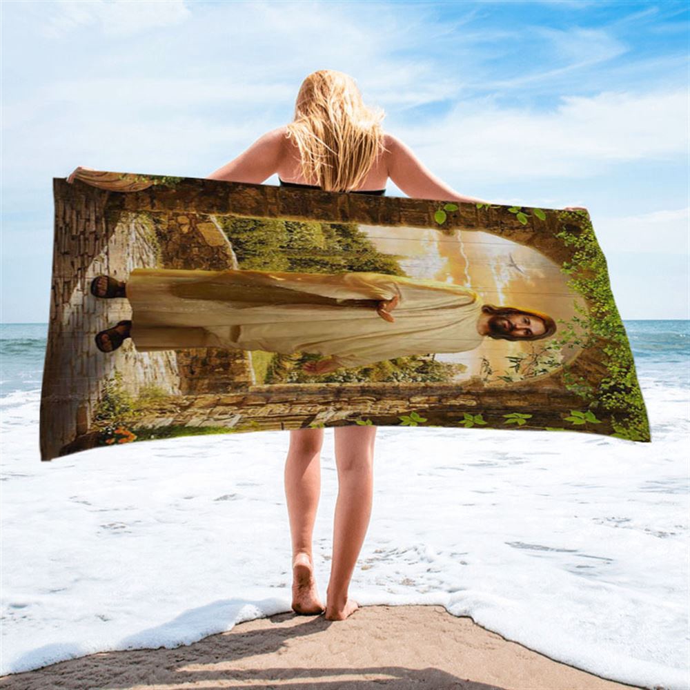 Cave Green Forest Walking With Jesus Beach Towel, Christian Beach Towel, Summer Towels