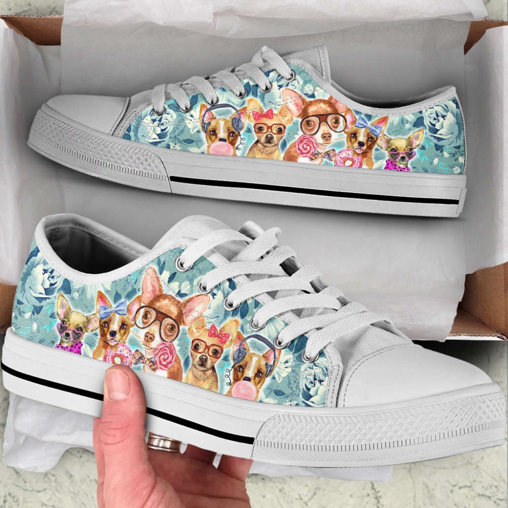Chihuahua Dog Flowers Pattern Turquoise Low Top Shoes Canvas Sneakers, Designer Low Top Shoes, Low Top Sneakers Chihuahua Dog Flowers Pattern Turquoise Low Top Shoes Canvas Sneakers, Designer Low Top Shoes, Low Top Sneakers