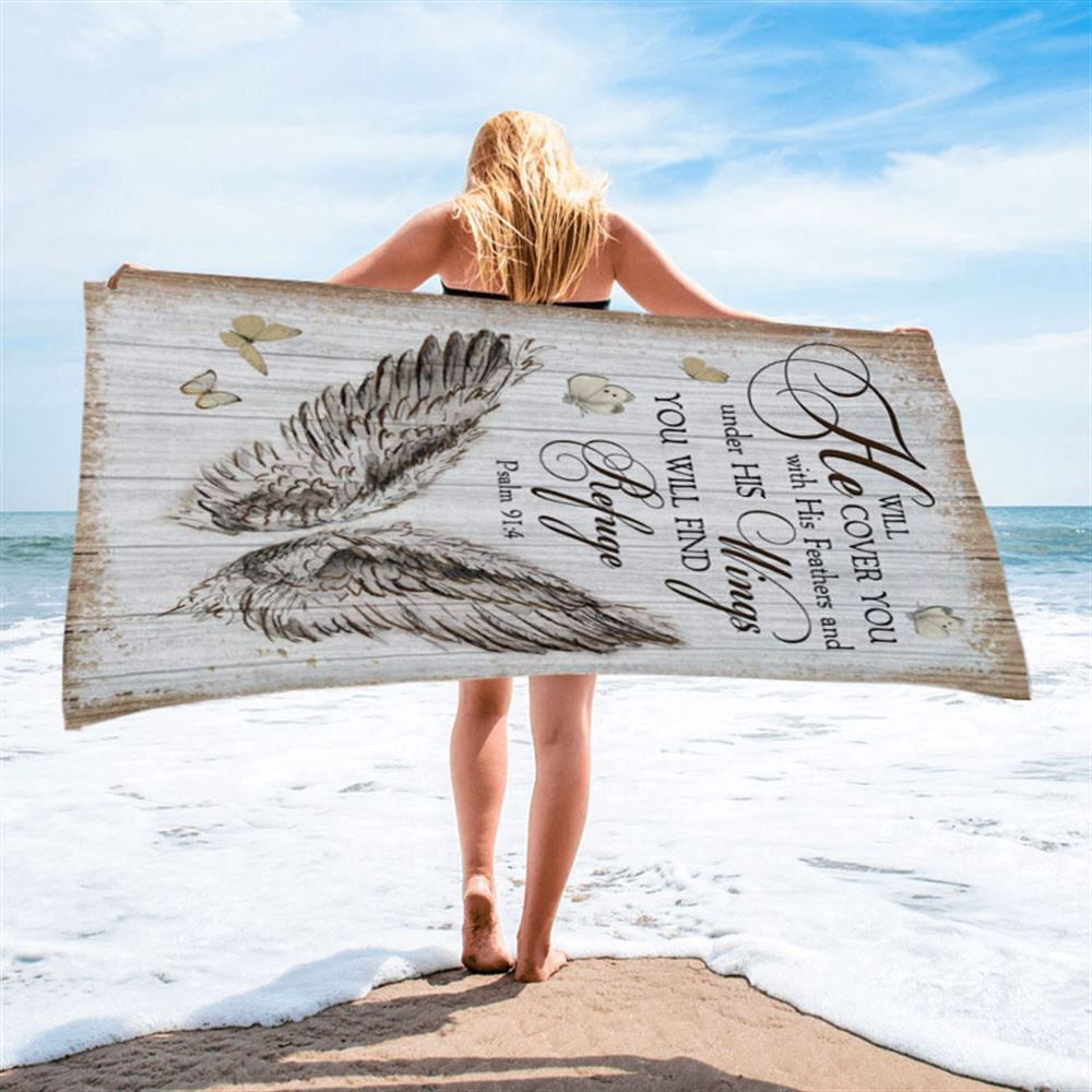Christian Psalm 914 He Will Cover You With His Feathers Beach Towel, Christian Beach Towel, Summer Towels