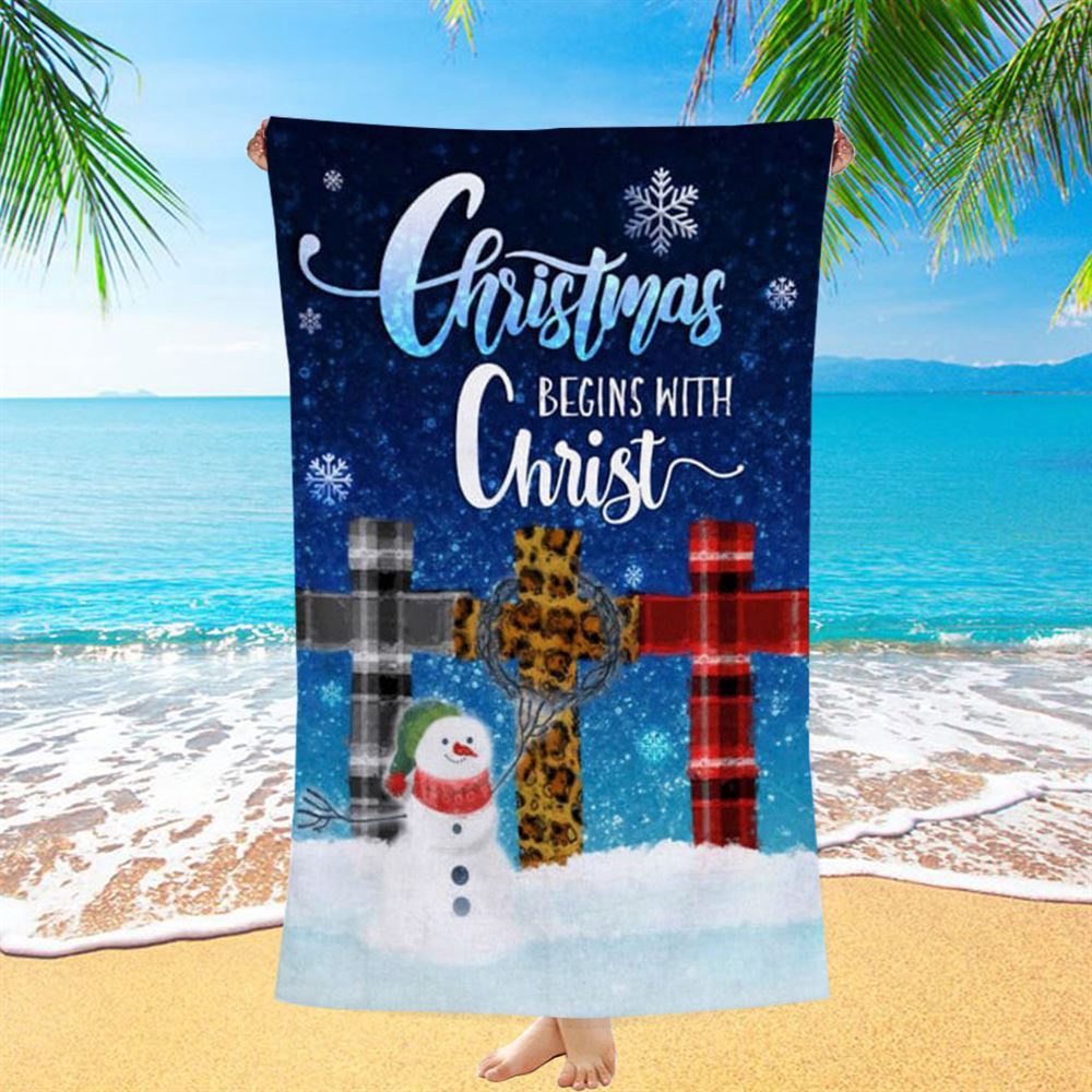 Christmas Begins With Christ Cross Snowman Christmas Beach Towel, Christian Beach Towel, Summer Towels