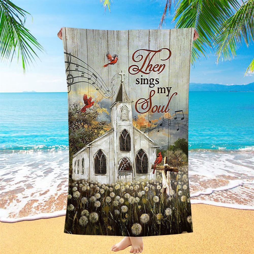 Church Lovely Red Cardinals Stunning Flower Field Beach Towel-Then Sings My Soul Beach Towel, Christian Beach Towel