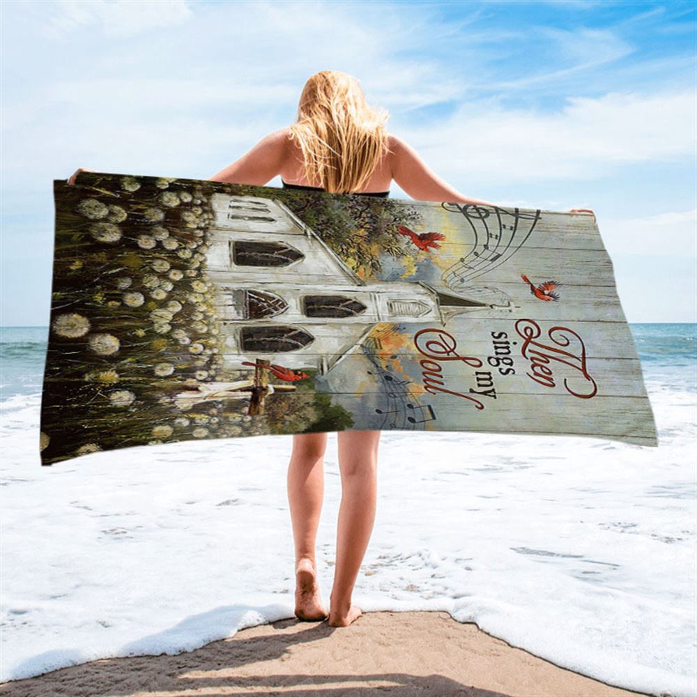 Church Lovely Red Cardinals Stunning Flower Field Beach Towel-Then Sings My Soul Beach Towel, Christian Beach Towel