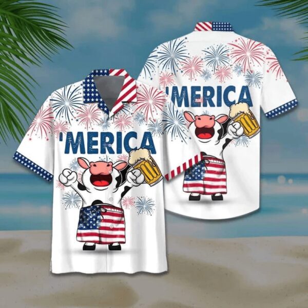 Cow And Beer American Flag Hawaiian Shirts, 4th Of July Hawaiian Shirt, 4th Of July Shirt