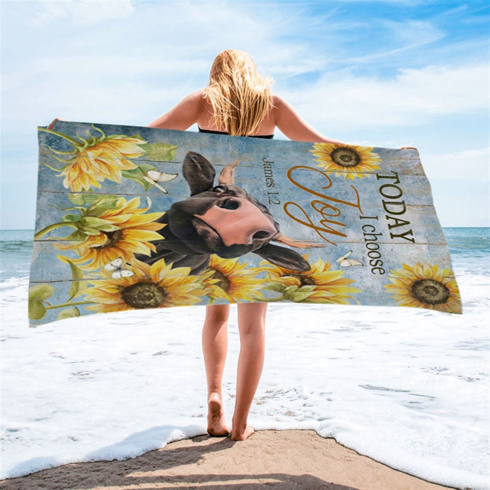 Cow Sunflower Frame Blue Sky, Today I Choose Joy Beach Towel, Christian Beach Towel, Summer Towels Cow Sunflower Frame Blue Sky, Today I Choose Joy Beach Towel, Christian Beach Towel, Summer Towels
