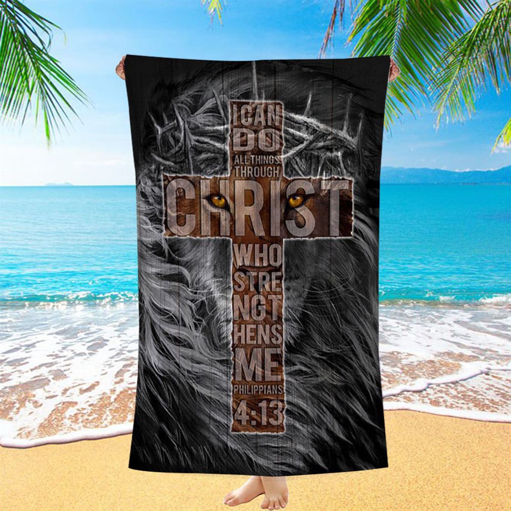 Cross Black Lion, I Can Do All Things Through Christ Beach Towel, Christian Beach Towel, Summer Towels