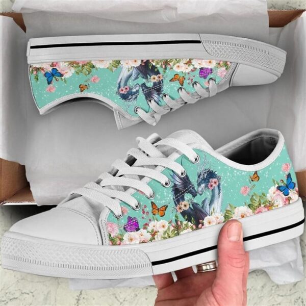 Cute Couple Dragon Love Flower Watercolor Low Top Shoes, Low Tops, Low Top Sneakers