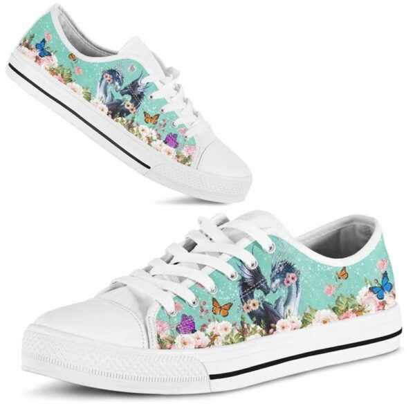 Cute Couple Dragon Love Flower Watercolor Low Top Shoes, Low Tops, Low Top Sneakers