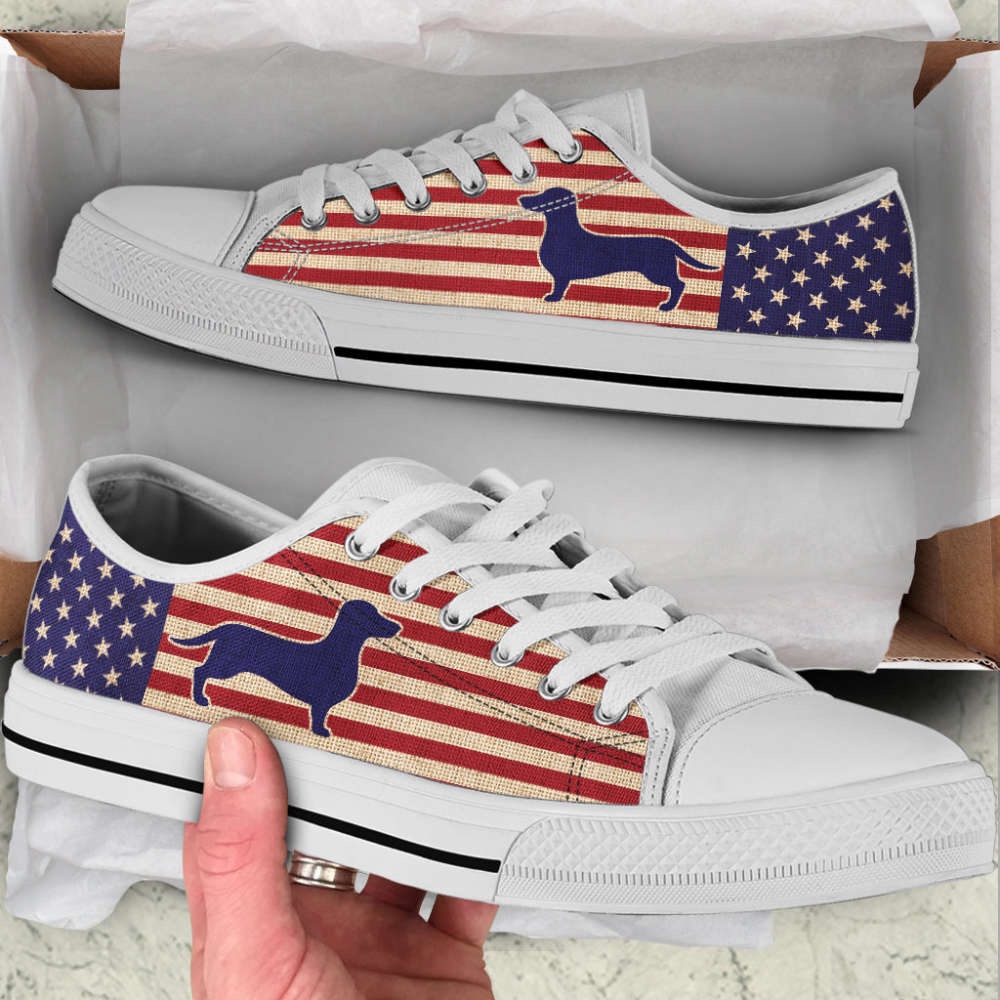Dachshund Dog American USA Flag Low Top Shoes Canvas Sneakers Casual Shoes, Designer Low Top Shoes, Low Top Sneakers