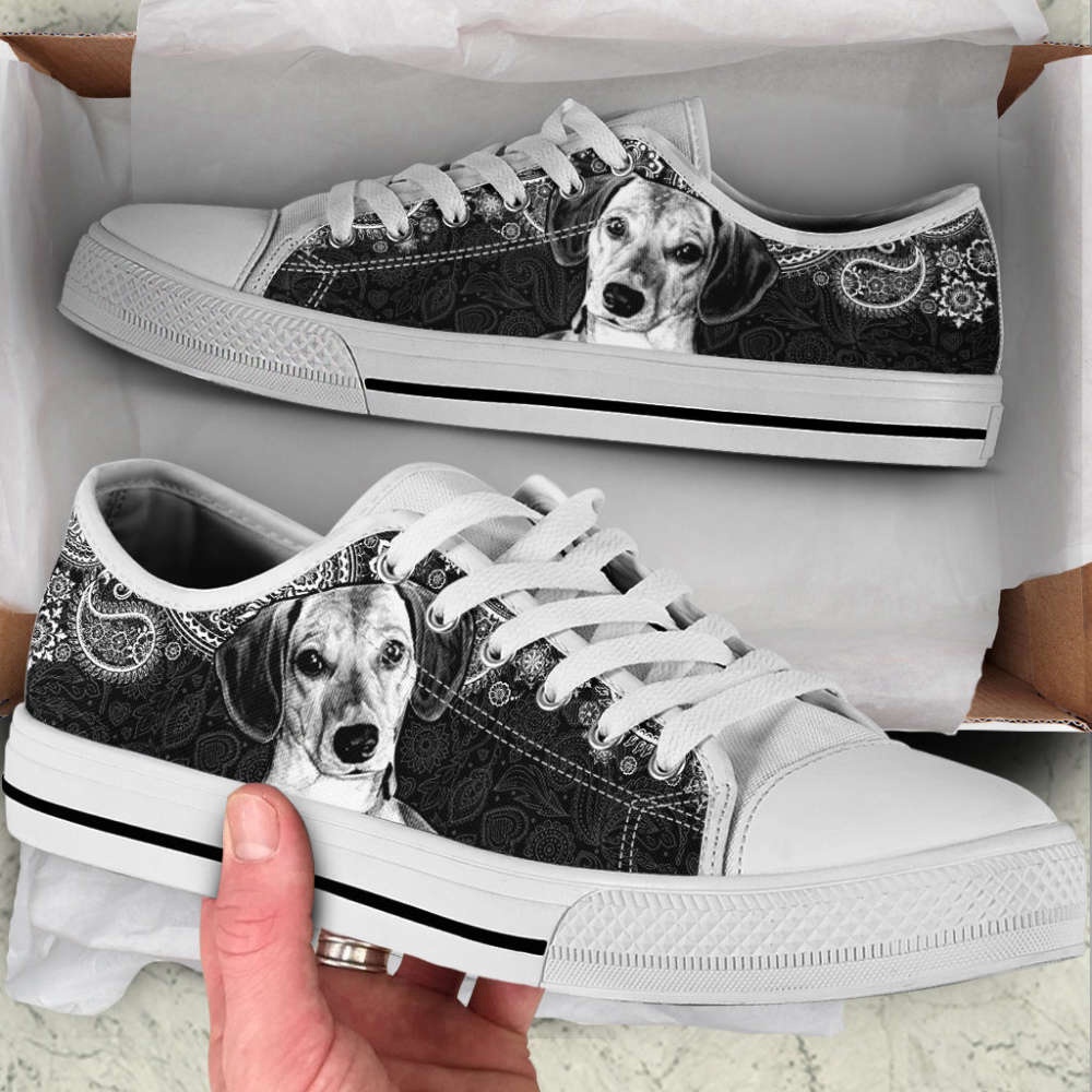 Dachshund Face Paisley Black White Low Top Shoes Canvas Sneakers, Designer Low Top Shoes, Low Top Sneakers