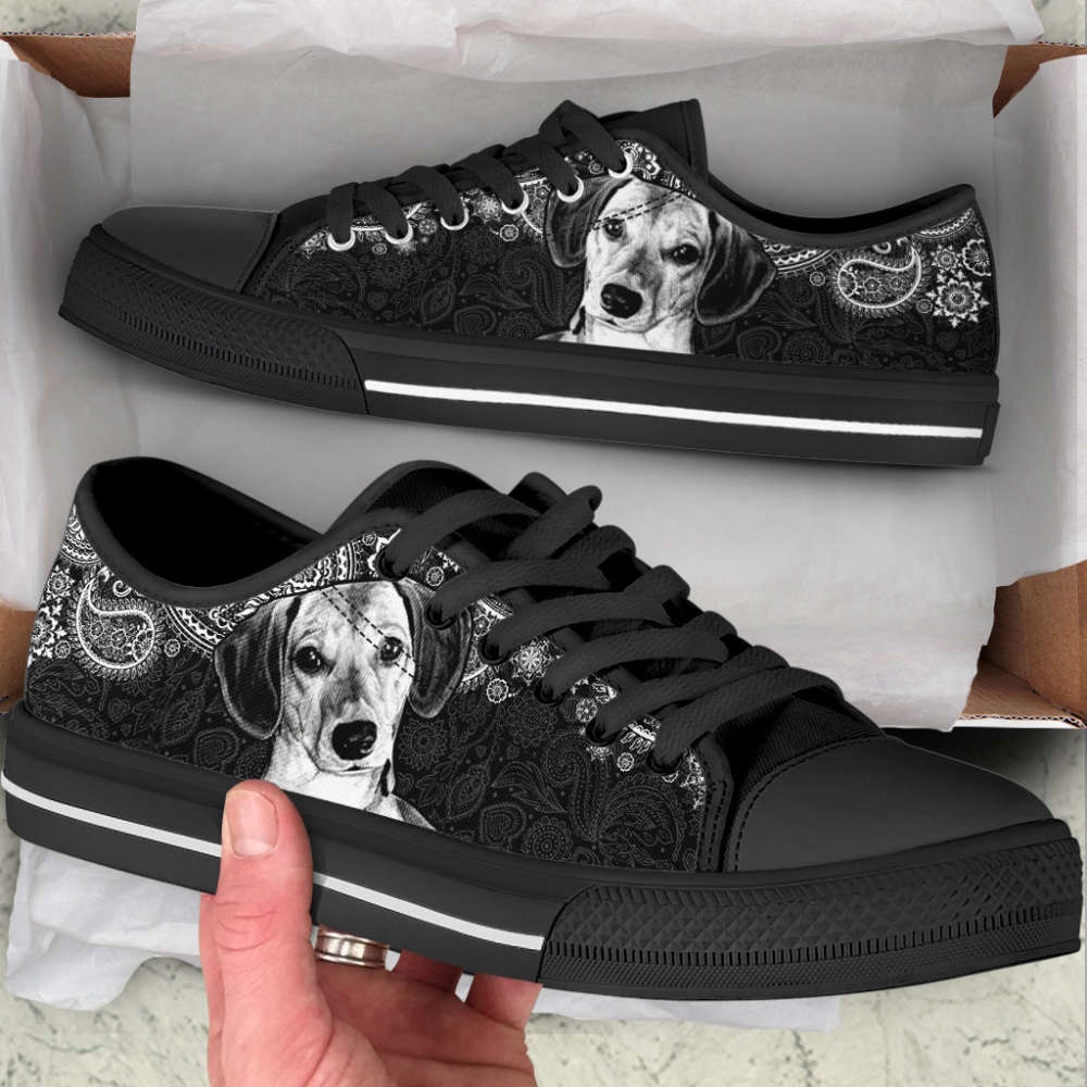 Dachshund Face Paisley Black White Low Top Shoes Canvas Sneakers, Designer Low Top Shoes, Low Top Sneakers