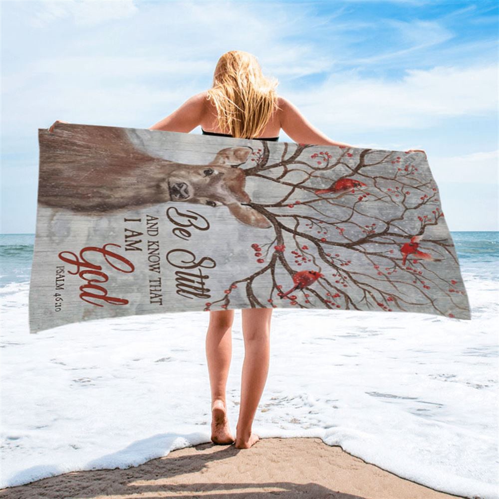 Deer Cardinal Be Still And Know That I Am God Beach Towel, Christian Beach Towel, Summer Towels