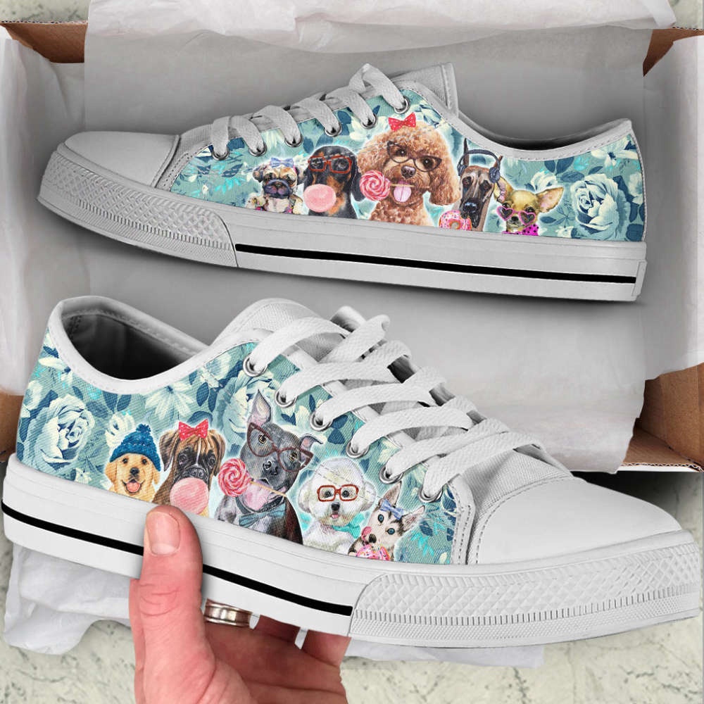 Dog Flowers Pattern Low Top Shoes Canvas Sneakers Casual Shoes, Designer Low Top Shoes, Low Top Sneakers