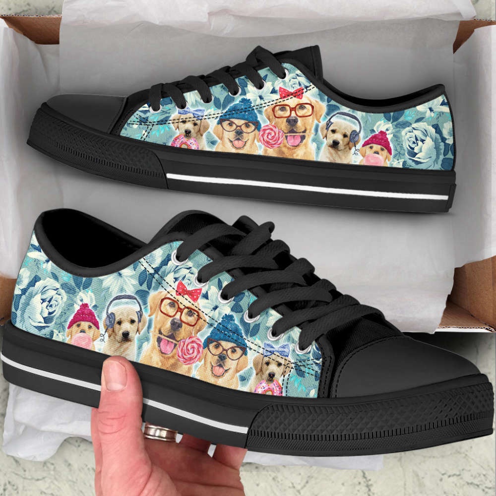 Dog Labrador Flowers Pattern Low Top Shoes Canvas Sneakers Casual Shoes, Designer Low Top Shoes, Low Top Sneakers