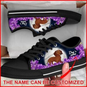 Dog’s name Dachshund Purple Flower Personalized Canvas Low Top Shoes, Designer Low Top Shoes, Low Top Sneakers