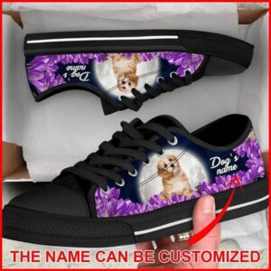 Dog’s name Shih Tzu Purple Flower Personalized Canvas Low Top Shoes, Designer Low Top Shoes, Low Top Sneakers