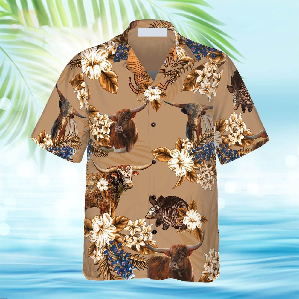 Everything’s More In Texas Armadillo And Longhorn Texas Hawaiian Shirt, Texas Hawaii Shirt, Texas Shirt