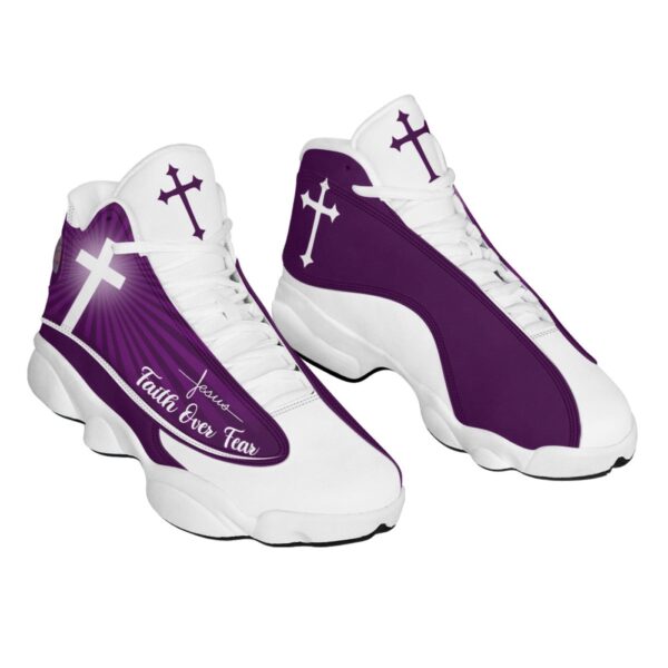 Faith Over Fear Customized Purple Jesus Basketball Shoes With Thick Soles, Christian Basketball Shoes, Basketball Shoes 2024