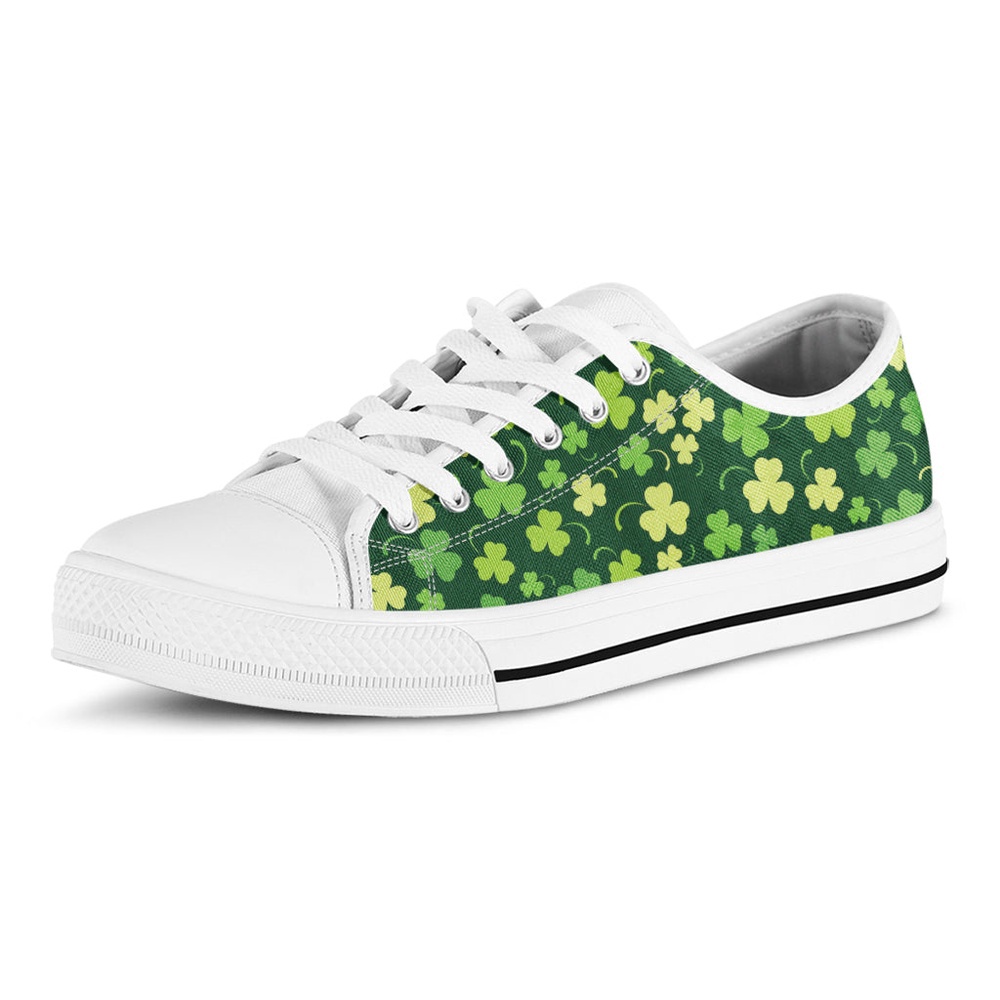 Green Clover Saint Patrick’s Day Print White Low Top Shoes, Low Top Designer Shoes, Low Top Sneakers