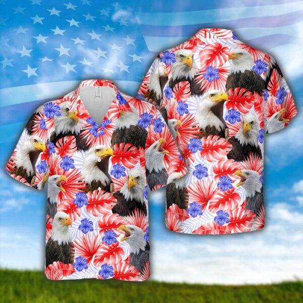 Happy Independence Day 3D Hawaiian Shirt Featuring Eagles Tropical Theme, 4th Of July Hawaiian Shirt, 4th Of July Shirt