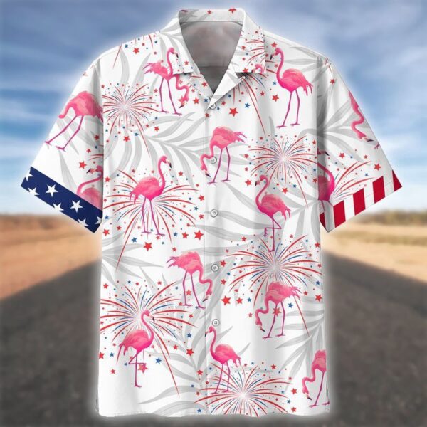 Happy Independence Day Flamingo Firework All Printed 3D Hawaiian Shirt, 4th Of July Hawaiian Shirt, 4th Of July Shirt