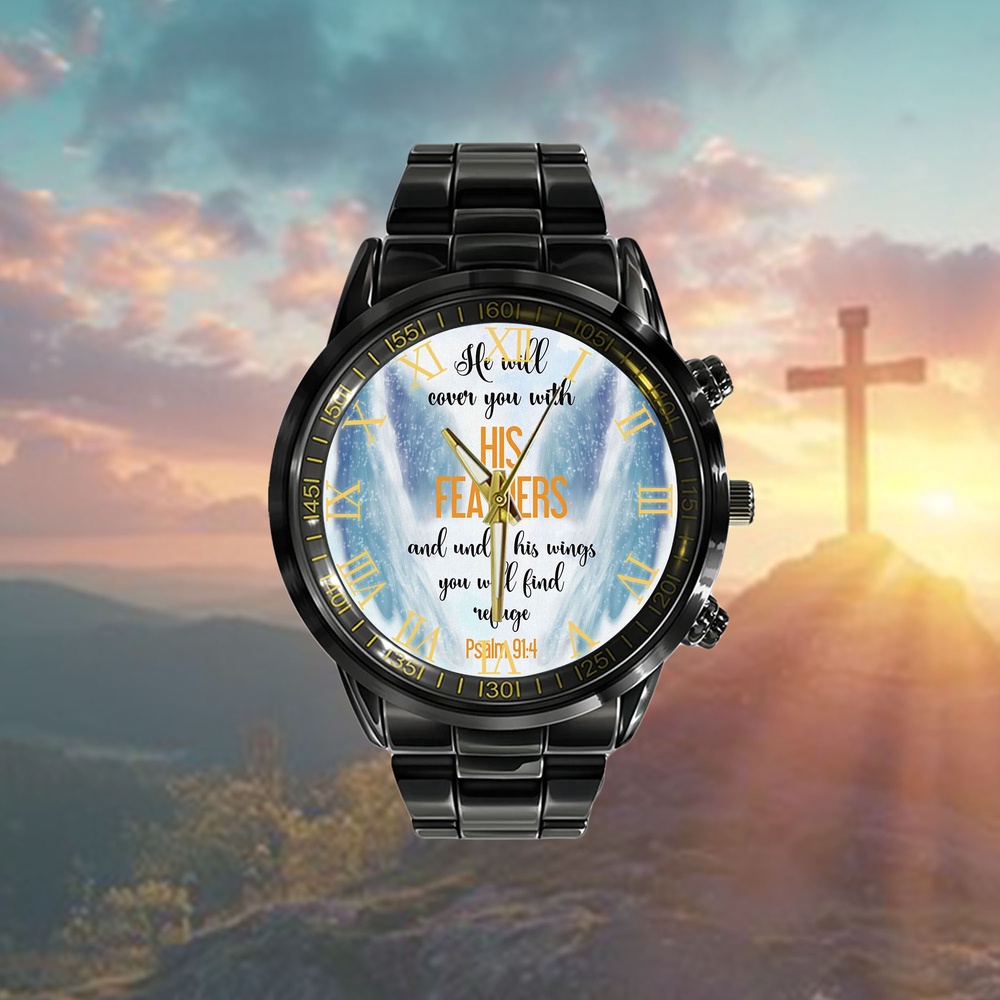 He Will Cover You With His Feathers Psalm 914 Watch, Christian Watch, Religious Watches, Jesus Watch