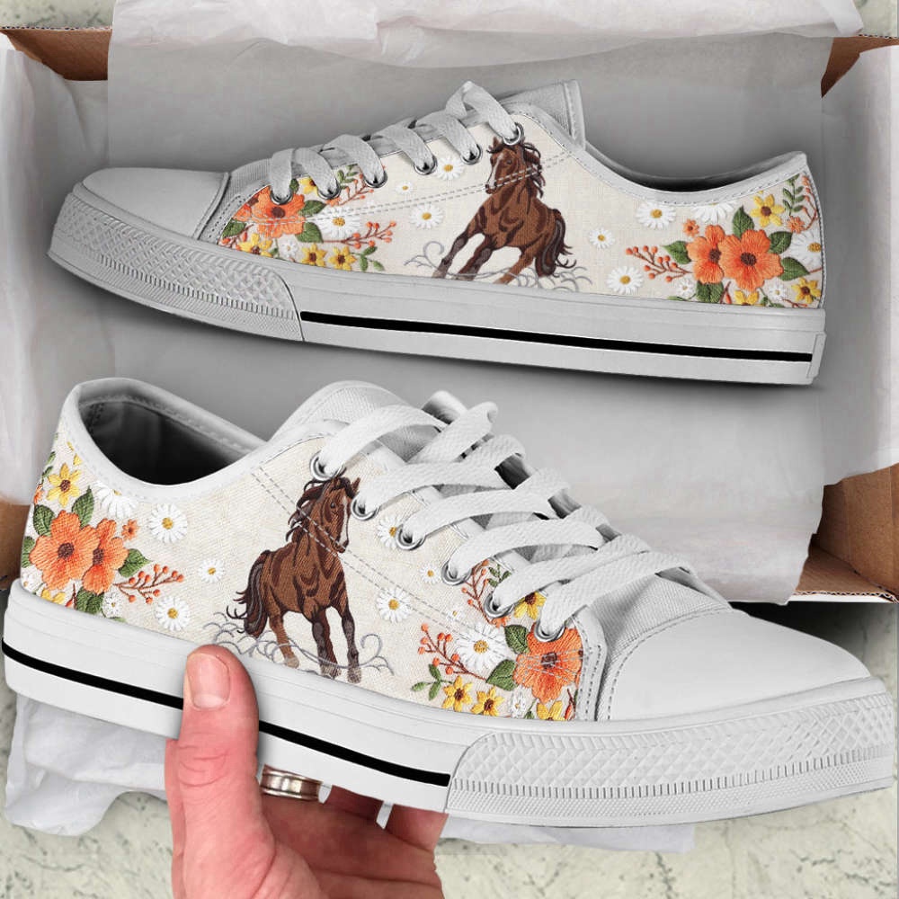 Horse Embroidery Floral Low Top Shoes Canvas Print Casual Shoes, Low Tops, Low Top Sneakers