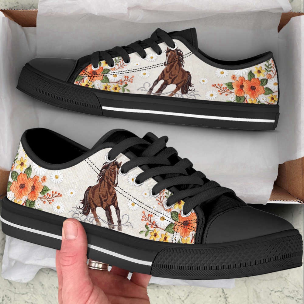 Horse Embroidery Floral Low Top Shoes Canvas Print Casual Shoes, Low Tops, Low Top Sneakers