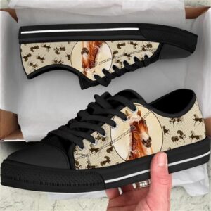 Horse Pattern Brown Canvas Low Top Shoes,…