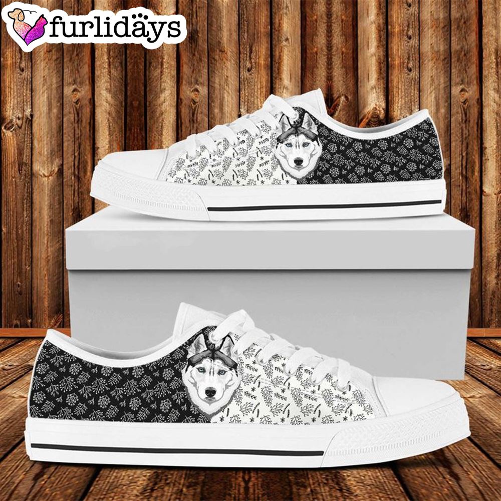 Husky Black And White Unisex Sport Shoes Flower Pattern Dog Lover, Designer Low Top Shoes, Low Top Sneakers