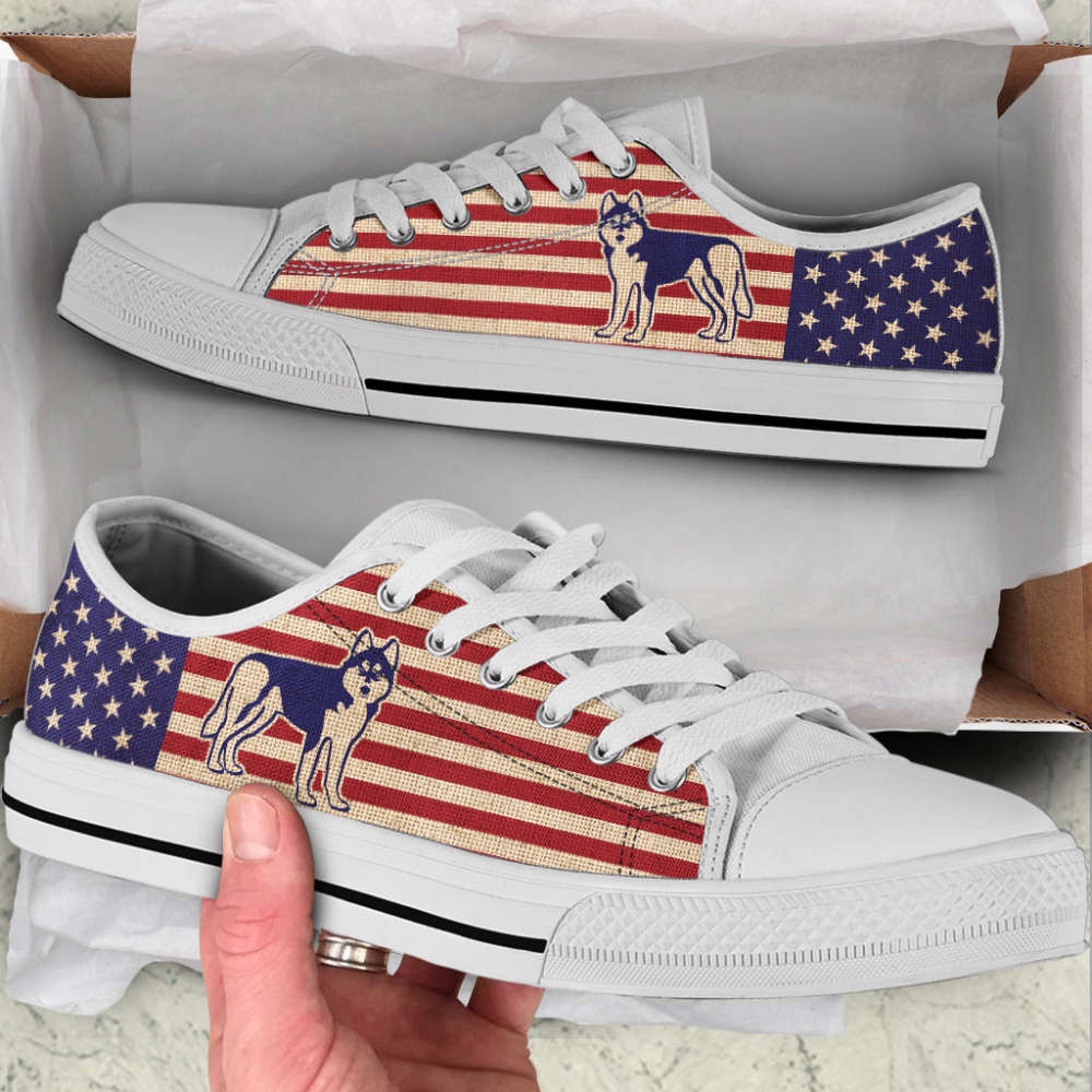 Husky Dog USA Flag Low Top Shoes Canvas Sneakers Casual Shoes, Designer Low Top Shoes, Low Top Sneakers
