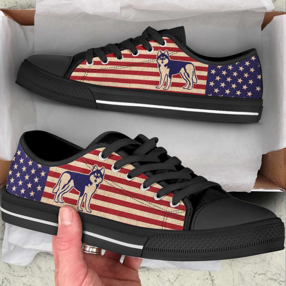 Husky Dog USA Flag Low Top Shoes Canvas Sneakers Casual Shoes, Designer Low Top Shoes, Low Top Sneakers