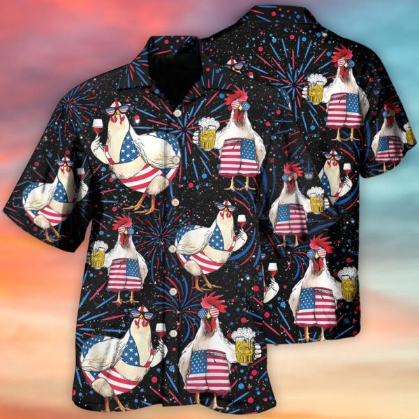 Independence Day Chickens Beer All Printed 3D Hawaiian Shirt, 4th Of July Hawaiian Shirt, 4th Of July Shirt