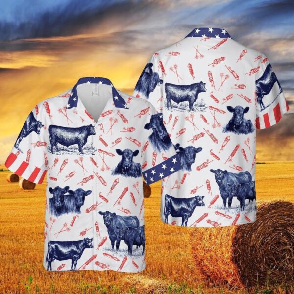 Independence Day Fire Cracker Black Angus Pattern All Printed 3D Hawaiian Shirt, 4th Of July Hawaiian Shirt, 4th Of July Shirt