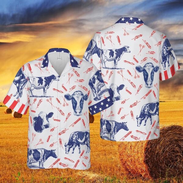 Independence Day Fire Cracker Holstein Friesian Cattle Pattern All Printed 3D Hawaiian Shirt, 4th Of July Hawaiian Shirt, 4th Of July Shirt