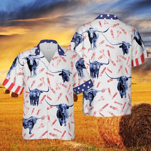 Independence Day Fire Cracker Tx-Longhorn Pattern All Printed 3D Hawaiian Shirt, 4th Of July Hawaiian Shirt, 4th Of July Shirt