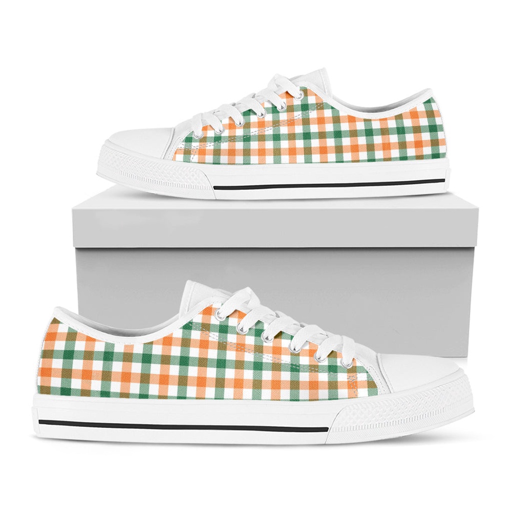 Irish Plaid St. Patrick’s Day Print White Low Top Shoes, Low Top Designer Shoes, Low Top Sneakers