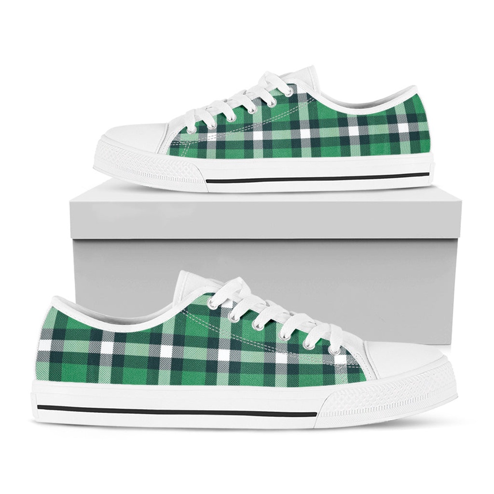 Irish St. Patrick’s Day Plaid Print White Low Top Shoes, Low Top Designer Shoes, Low Top Sneakers