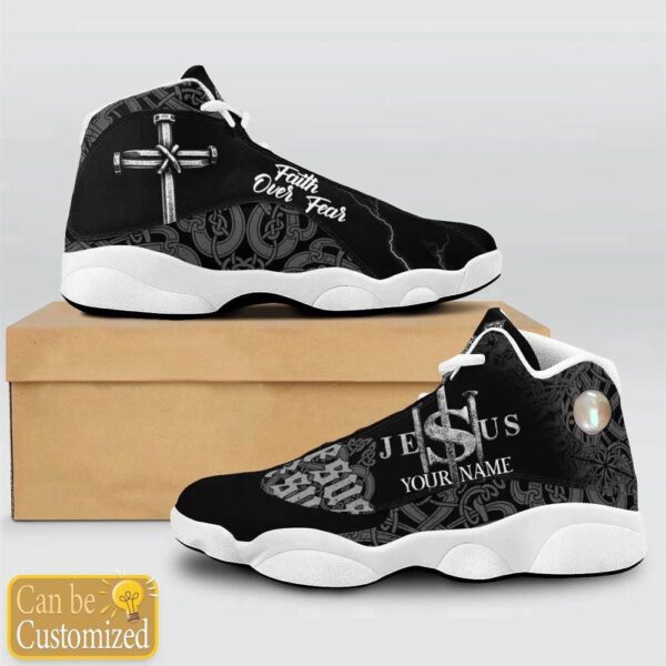Jesus Faith Over Fear Black Pattern Custom Name Basketball Shoes For Jesus Lovers, Christian Basketball Shoes, Basketball Shoes 2024