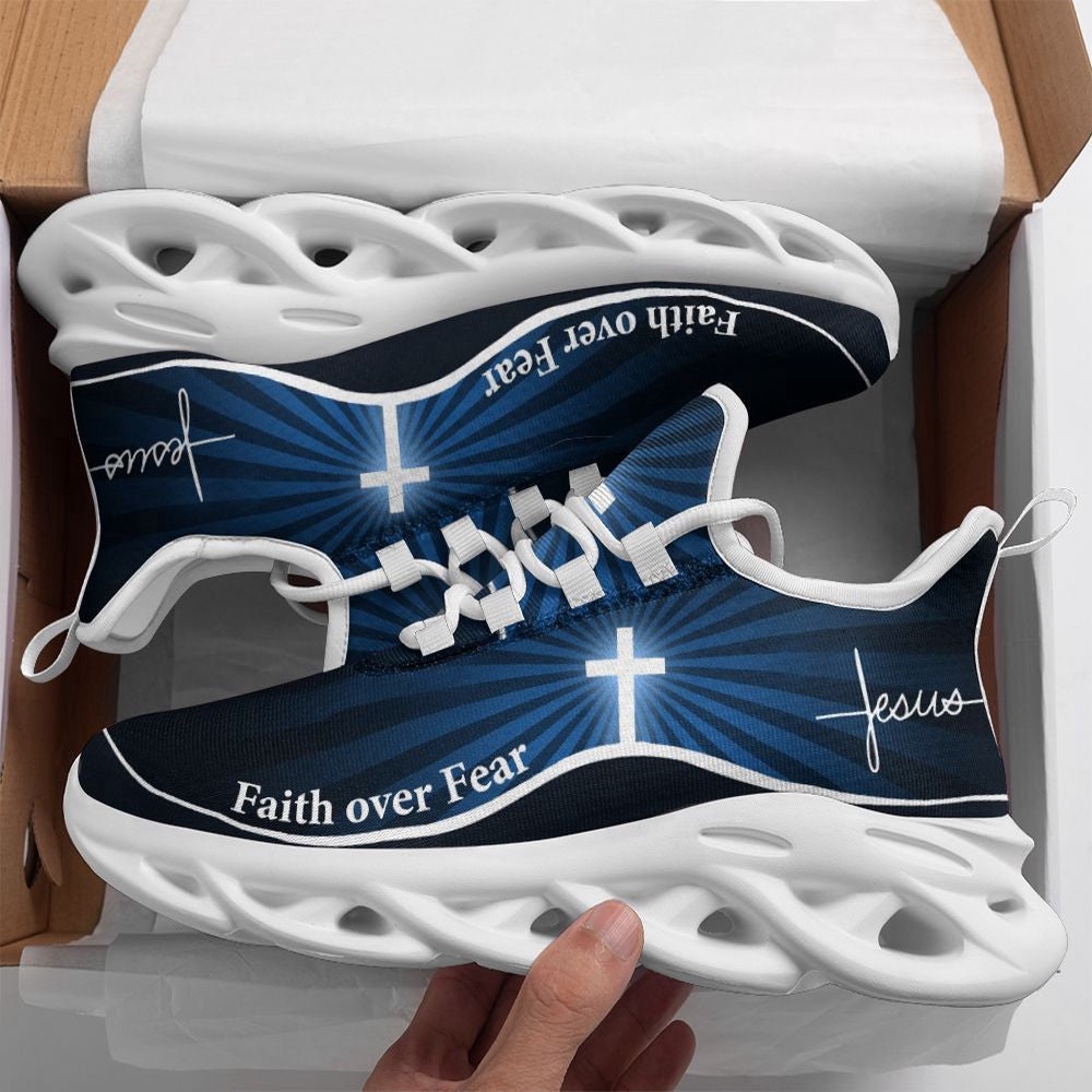Jesus Faith Over Fear Running Sneakers Blue Max Soul Shoes, Max Soul Sneakers, Max Soul Shoes