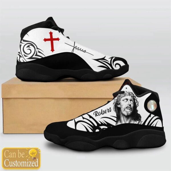 Jesus Pattern Custom Name Basketball Shoes Black And White, Christian Basketball Shoes, Basketball Shoes 2024