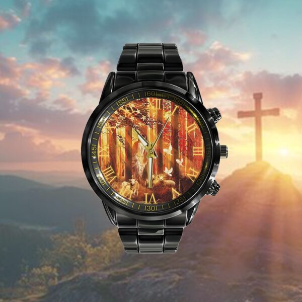 Jesus Walking In Forest With The Lambs Watch, Christian Watch, Religious Watches, Jesus Watch