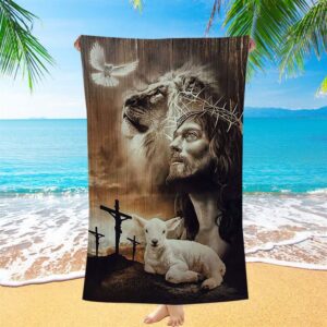 Lion Of Judah Lamb Of God Jesus The Old Rugged Crosses Beach Towel Christian Beach Towel Beach Towel 1 juwphv.jpg