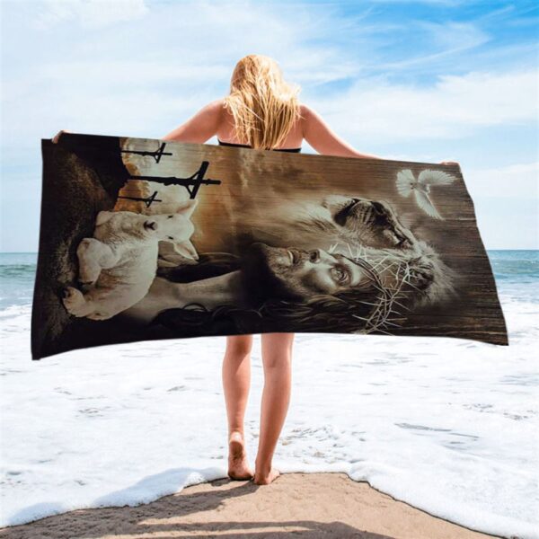 Lion Of Judah Lamb Of God Jesus The Old Rugged Crosses Beach Towel, Christian Beach Towel, Beach Towel